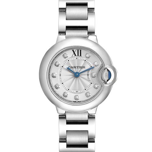The Cartier Ballon Bleu WE902073 Women's Stainless Steel Silver Dial WE902073 Women's Stainless Steel Silver Dial watch is shown from a front angle, highlighting the dial, bezel, and part of the bracelet.