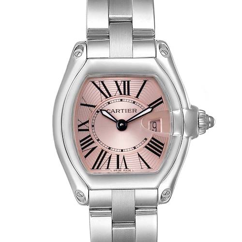 The image shows a frontal view of a Cartier Roadster W62017V3 Women's Stainless Steel Pink Dial W62017V3 Women's Stainless Steel Pink Dial watch, highlighting the dial, case, crown, and part of the bracelet.