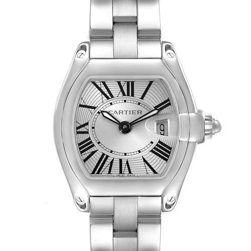 The Cartier Roadster W62016V3 Women's Stainless Steel Silver Dial W62016V3 Women's Stainless Steel Silver Dial watch is shown from a front angle, highlighting its dial, case, crown, and metal bracelet.