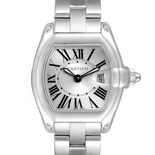 The Cartier Roadster W62016V3 Women's Stainless Steel Silver Dial W62016V3 Women's Stainless Steel Silver Dial watch is shown from the front, displaying its face, Roman numerals, date window, and bracelet.