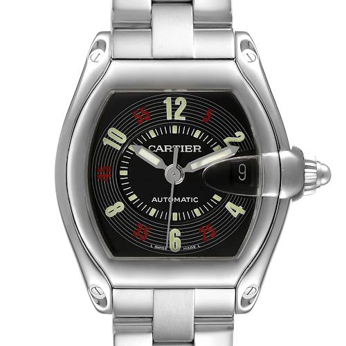 The Cartier Roadster W62002V3 Men's Stainless Steel Black Dial W62002V3 Men's Stainless Steel Black Dial watch is shown from a front angle, displaying its face, bezel, band, and crown.