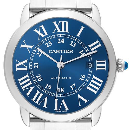 The Cartier Ronde WSRN0023 Men's Stainless Steel Blue Dial WSRN0023 Men's Stainless Steel Blue Dial watch is shown from a top-down angle, displaying the dial, hands, crown, and part of the bracelet.