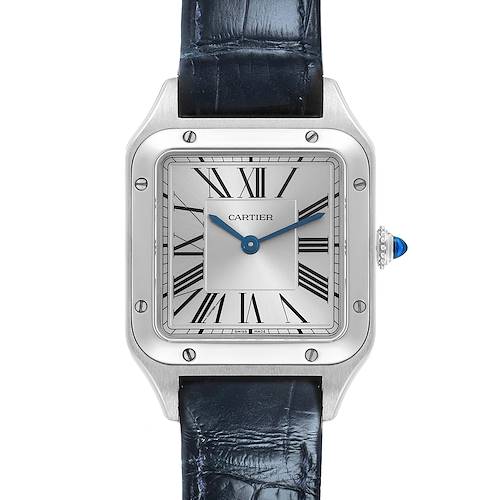The Cartier Santos WSSA0023 Women's Stainless Steel Silver Dial WSSA0023 Women's Stainless Steel Silver Dial watch is shown from a front view, highlighting its square face, Roman numerals, and blue leather strap.