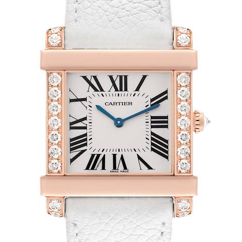 The Cartier Tank Louis WE300351 Women's Rose Gold Silver Dial WE300351 Women's Rose Gold Silver Dial watch is shown from the front, highlighting the face, Roman numerals, and diamond-studded bezel.