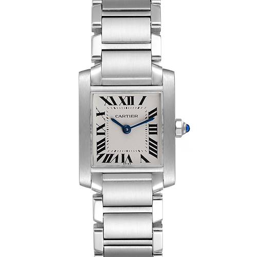 The image shows a top-down view of a Cartier Tank Francaise W51008Q3 Women's Stainless Steel Silver Dial W51008Q3 Women's Stainless Steel Silver Dial watch, displaying its face, bracelet, and crown.