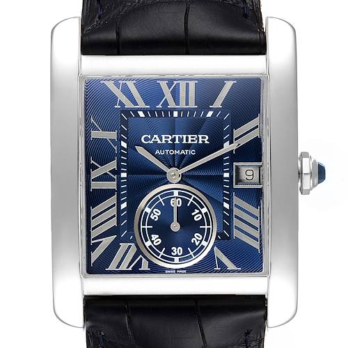 The image shows a front view of the Cartier Tank MC WSTA0010 Men's Stainless Steel Blue Dial WSTA0010 Men's Stainless Steel Blue Dial watch, featuring its blue dial, Roman numerals, and date window.