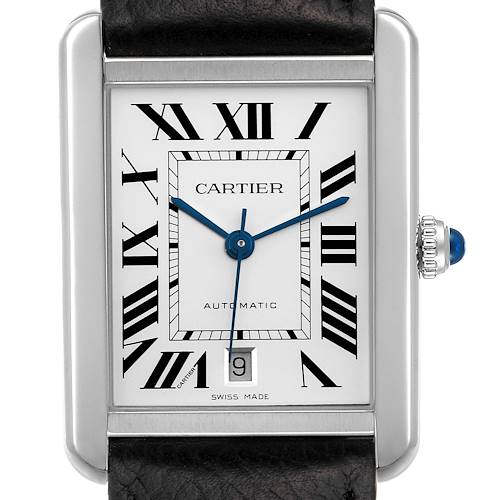 The image shows a close-up, front view of the Cartier Tank Solo WSTA0029 Men's Stainless Steel Silver Dial WSTA0029 Men's Stainless Steel Silver Dial watch, highlighting its face, Roman numerals, and the crown with a blue cabochon.
