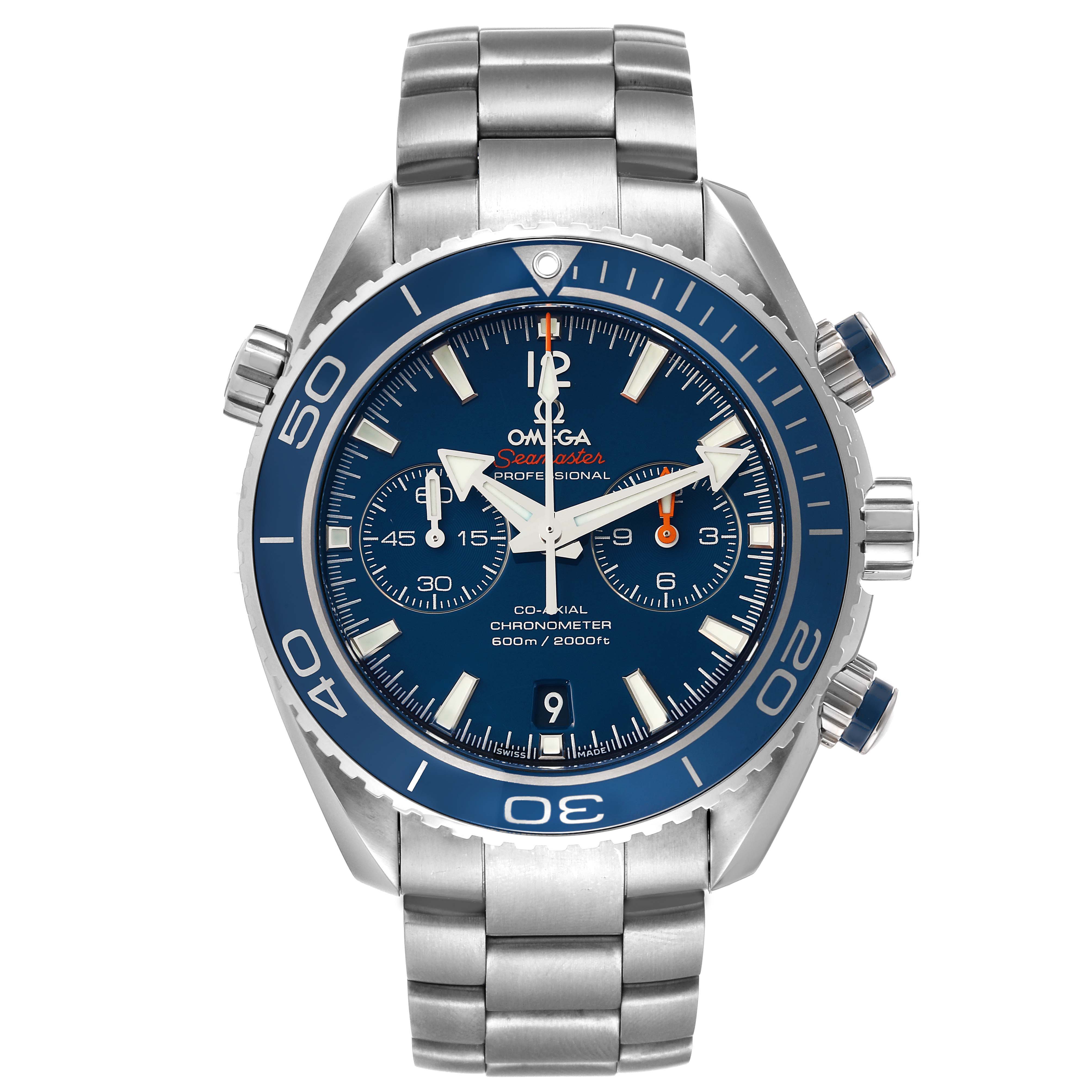 The Omega Planet Ocean 232.90.46.51.03.001 Men's Titanium Blue Dial 232.90.46.51.03.001 Men's Titanium Blue Dial watch is shown from the front, highlighting its blue dial, markers, bezel, and metal bracelet.