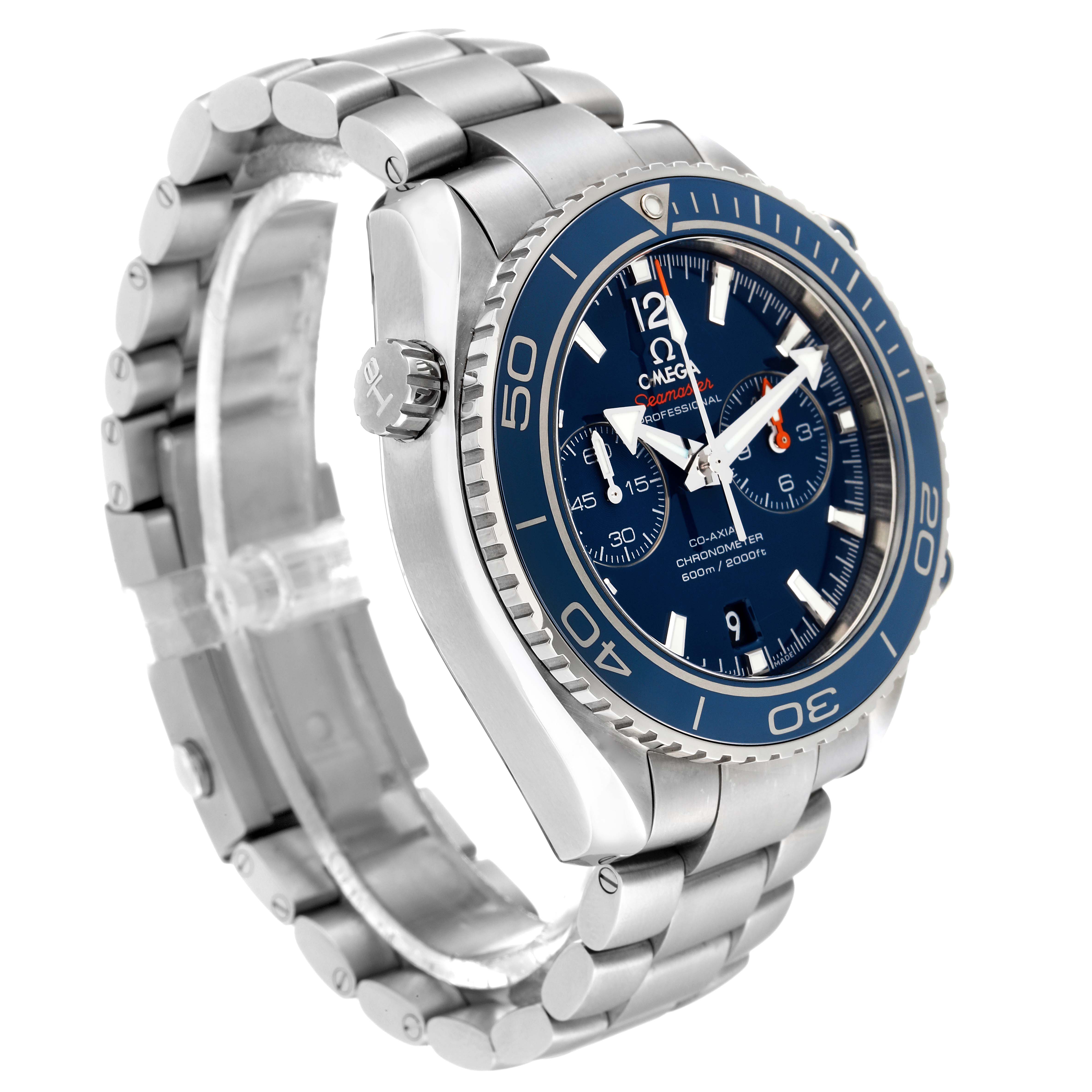 The image shows a side-angle view of the Omega Planet Ocean 232.90.46.51.03.001 Men's Titanium Blue Dial 232.90.46.51.03.001 Men's Titanium Blue Dial watch, displaying its dial, bezel, and bracelet.