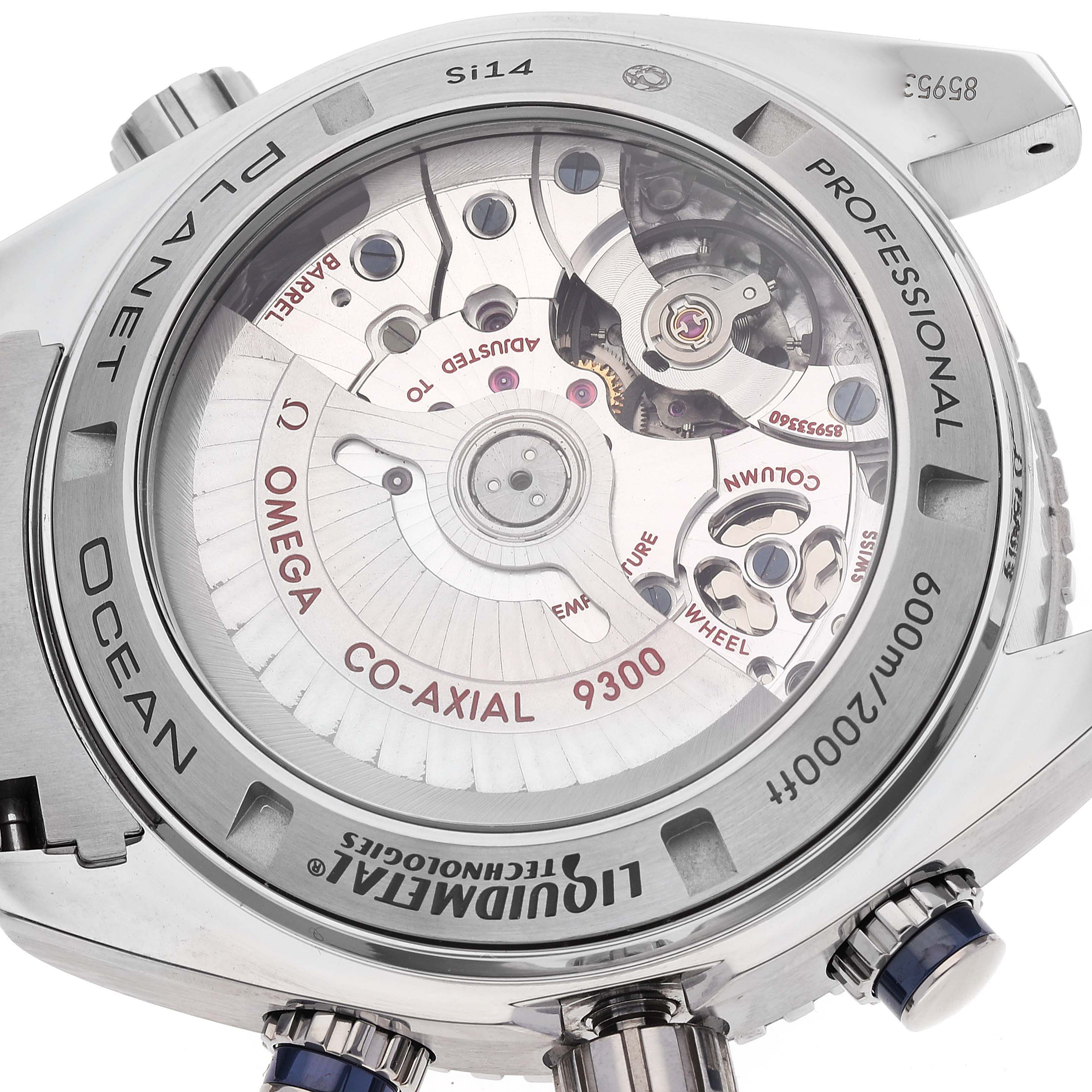 This image shows the back casing and internal mechanism of the Omega Planet Ocean 232.90.46.51.03.001 Men's Titanium Blue Dial 232.90.46.51.03.001 Men's Titanium Blue Dial watch model.