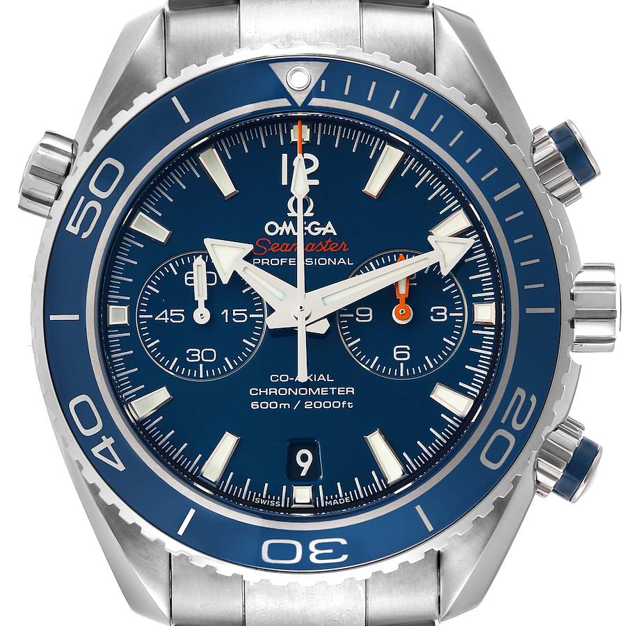 This image shows a front view of the Omega Planet Ocean 232.90.46.51.03.001 Men's Titanium Blue Dial 232.90.46.51.03.001 Men's Titanium Blue Dial model, highlighting the dial, bezel, and chronograph buttons.