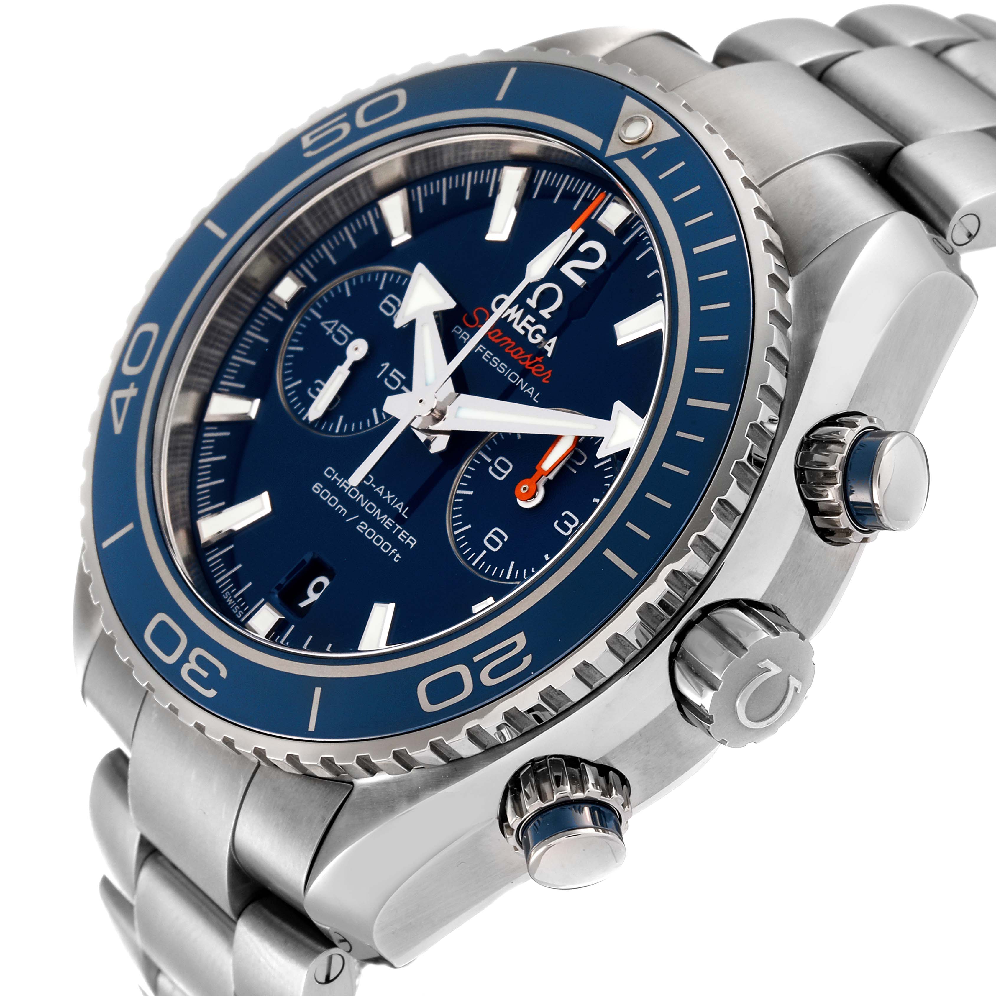 The image shows an angled side view of the Omega Planet Ocean 232.90.46.51.03.001 Men's Titanium Blue Dial 232.90.46.51.03.001 Men's Titanium Blue Dial watch, highlighting the bezel, crown, and bracelet.