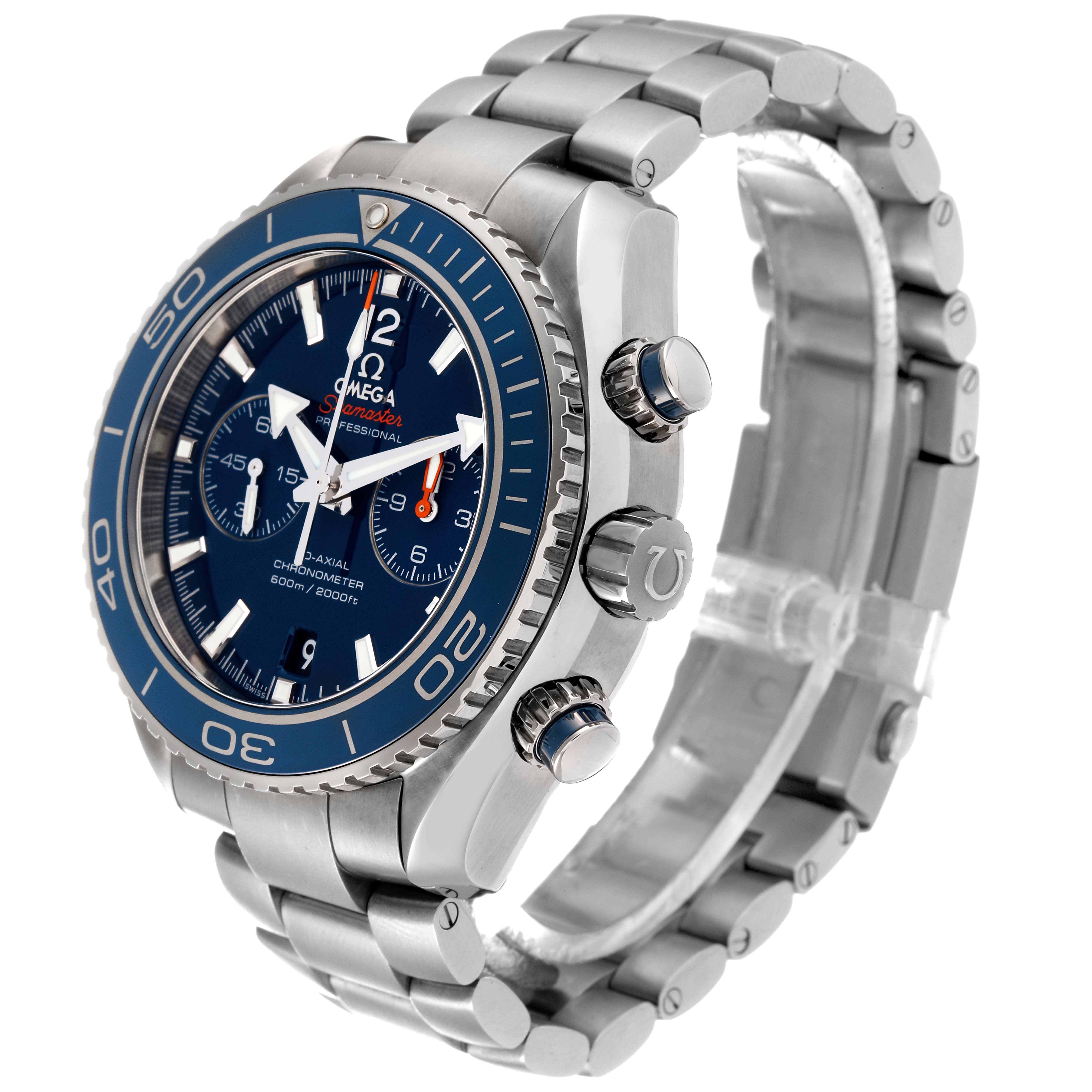 This image shows a side and partial front angle of the Omega Planet Ocean 232.90.46.51.03.001 Men's Titanium Blue Dial 232.90.46.51.03.001 Men's Titanium Blue Dial watch, highlighting its case, bracelet, and crown.