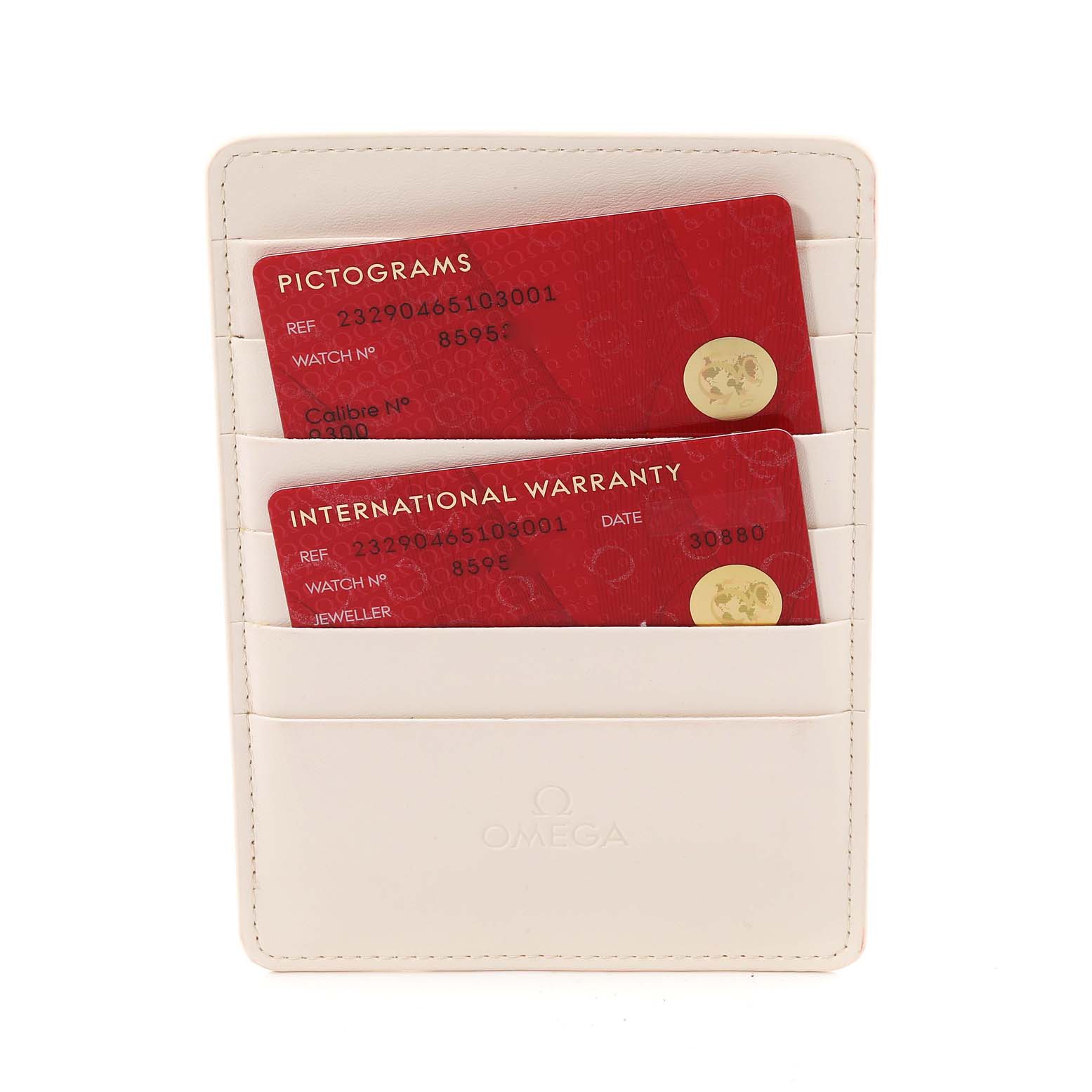 The image shows Omega Planet Ocean 232.90.46.51.03.001 Men's Titanium Blue Dial 232.90.46.51.03.001 Men's Titanium Blue Dial model warranty card holder with warranty and pictogram cards.