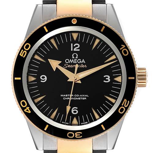 The image shows a front view of an Omega Seamaster 233.20.41.21.01.001 Men's Steel and Gold (two tone) Black Dial 233.20.41.21.01.001 Men's Steel and Gold (two tone) Black Dial watch, displaying the dial, bezel, and part of the strap.