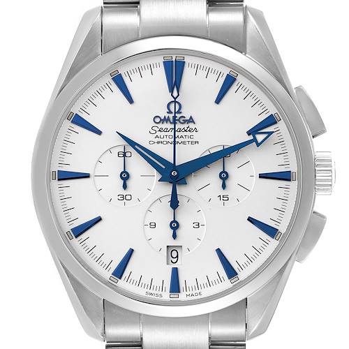 The image shows a front view of the Omega Aqua Terra 2512.30.00 Men's Stainless Steel Silver Dial 2512.30.00 Men's Stainless Steel Silver Dial Seamaster watch, displaying its face, hands, chronograph subdials, and date window.