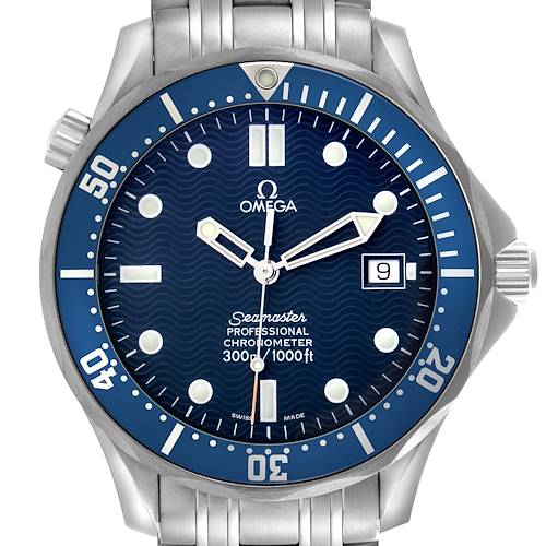 The Omega Seamaster 2531.80.00 Men's Stainless Steel Blue Dial 2531.80.00 Men's Stainless Steel Blue Dial watch is shown from a front angle, highlighting the face, bezel, and crown.