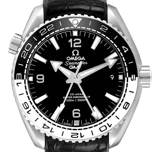 The Omega Planet Ocean 215.33.44.22.01.001 Men's Stainless Steel Black Dial 215.33.44.22.01.001 Men's Stainless Steel Black Dial watch is shown from the front, displaying the dial, bezel, and part of the strap.