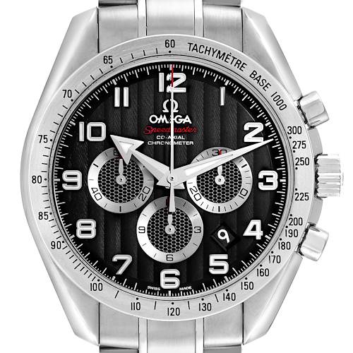 The Omega Speedmaster 321.10.44.50.01.001 Men's Stainless Steel Black Dial 321.10.44.50.01.001 Men's Stainless Steel Black Dial watch is shown from a front angle, displaying the dial, tachymeter bezel, and pushers.