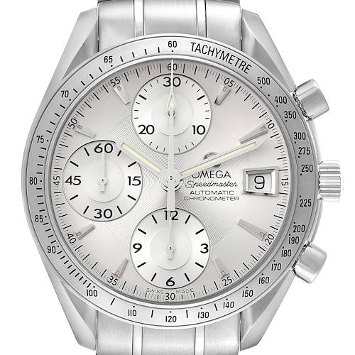 The image shows the front view of an Omega Speedmaster 3211.30.00 Men's Stainless Steel Silver Dial 3211.30.00 Men's Stainless Steel Silver Dial watch, highlighting its dials, tachymeter, and date window.