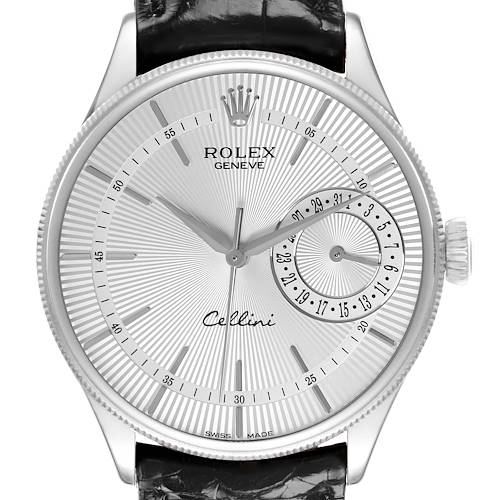 The Rolex Cellini 50519 Men's White Gold Silver Dial 50519 Men's White Gold Silver Dial watch is shown from a front angle, displaying the dial, hands, crown, and leather strap.