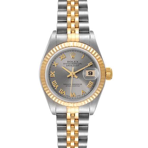The image shows a front view of the Rolex Datejust 79173 Women's Steel and Gold (two tone) Grey Dial 79173 Women's Steel and Gold (two tone) Grey Dial watch, highlighting its gray dial, date window, and two-tone bracelet.