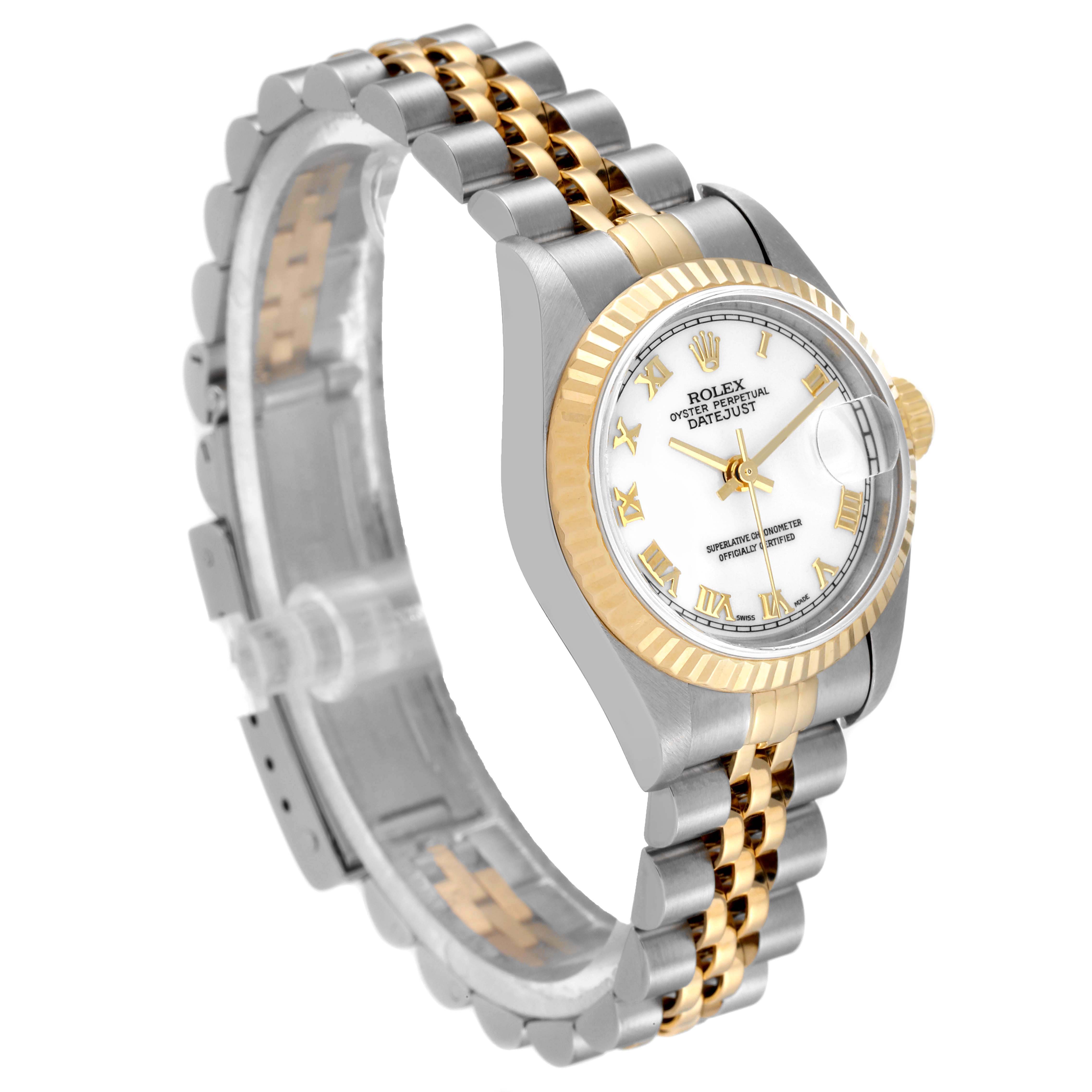 The image shows a side view of a Rolex Datejust 79173 Women's Steel and Gold (two tone) White Dial 79173 Women's Steel and Gold (two tone) White Dial watch, highlighting the face, bezel, and two-tone bracelet.