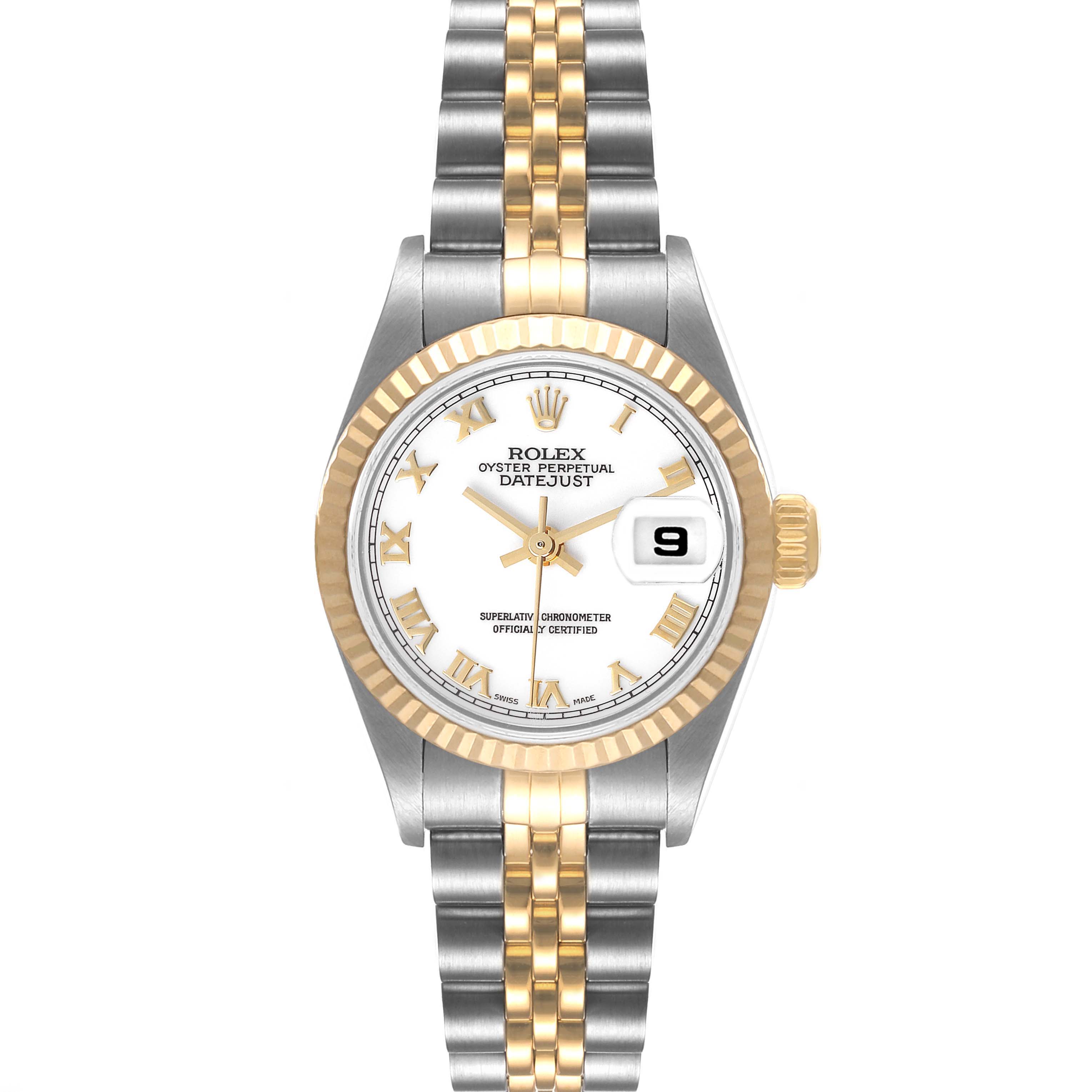 This image shows a front view of a Rolex Datejust 79173 Women's Steel and Gold (two tone) White Dial 79173 Women's Steel and Gold (two tone) White Dial, highlighting the dial, hands, date window, bezel, and bracelet.