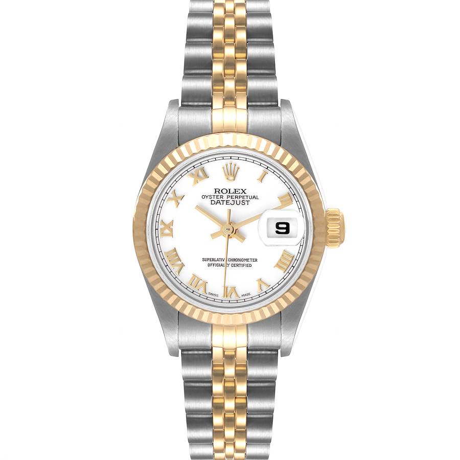 This image shows a front view of a Rolex Datejust 79173 Women's Steel and Gold (two tone) White Dial 79173 Women's Steel and Gold (two tone) White Dial, highlighting the dial, hands, date window, bezel, and bracelet.