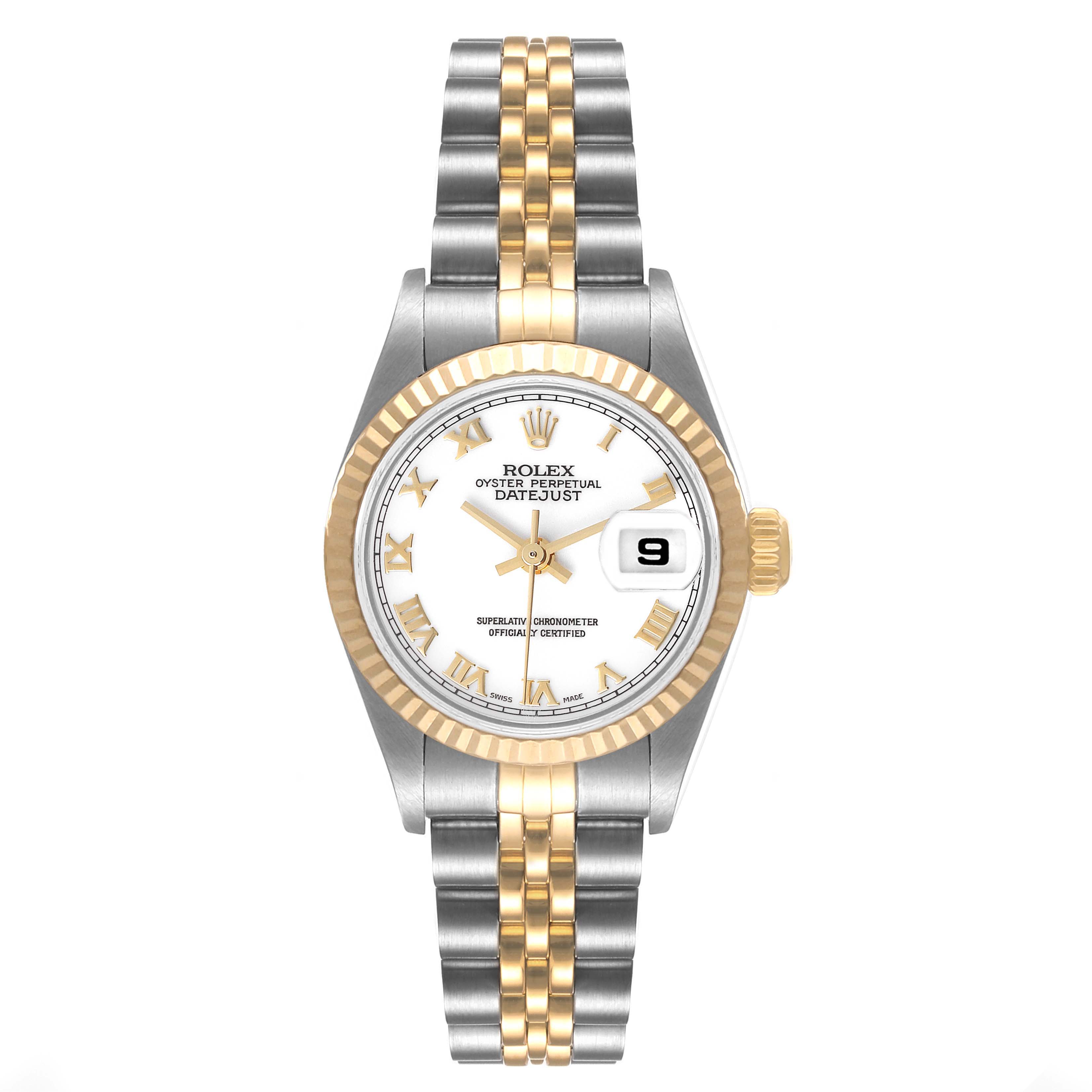 The Rolex Datejust 79173 Women's Steel and Gold (two tone) White Dial 79173 Women's Steel and Gold (two tone) White Dial watch is shown from a front angle, displaying the face, bezel, and part of the two-tone bracelet.
