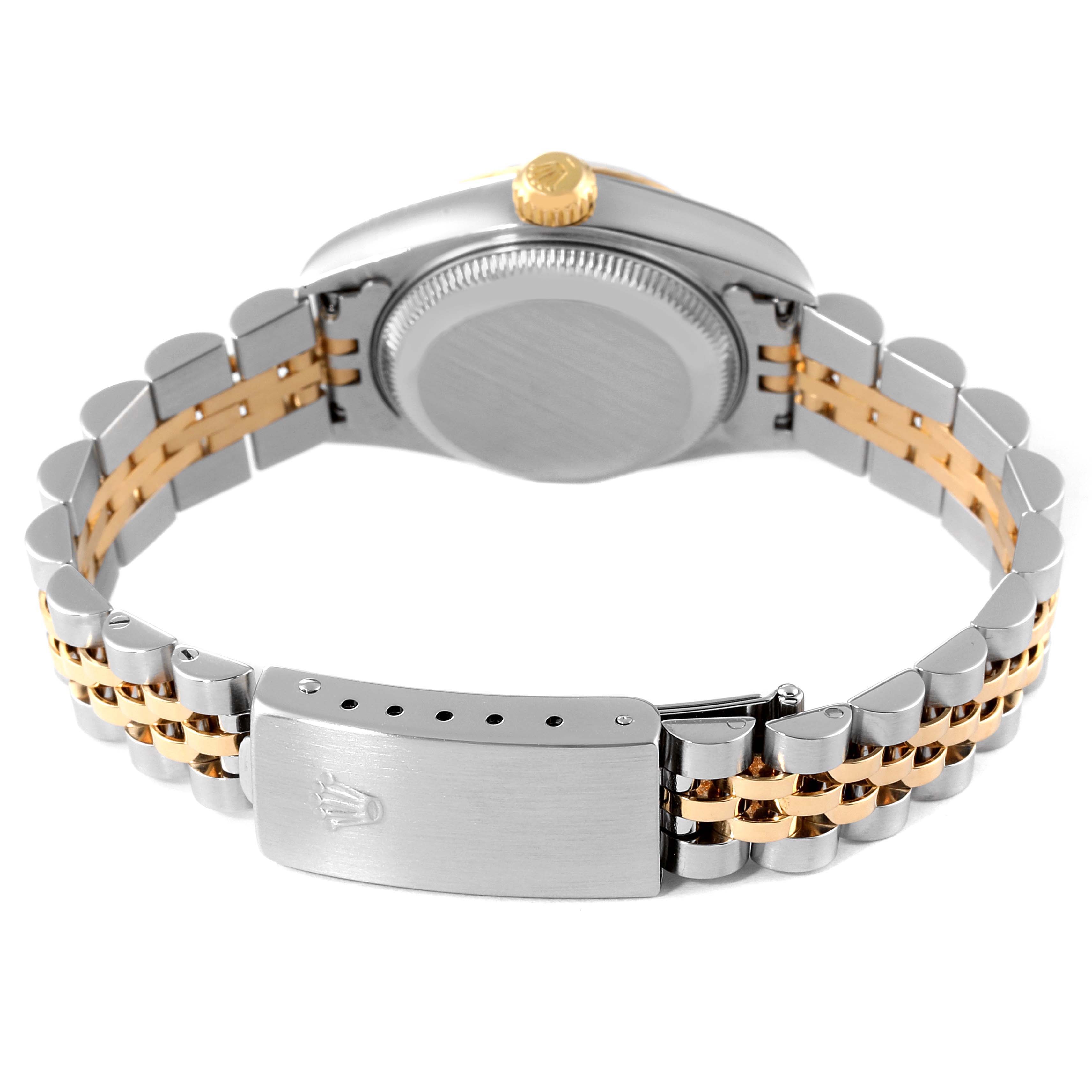 This image shows the back view of a Rolex Datejust 79173 Women's Steel and Gold (two tone) White Dial 79173 Women's Steel and Gold (two tone) White Dial watch, highlighting its clasp, bracelet, case back, and crown.
