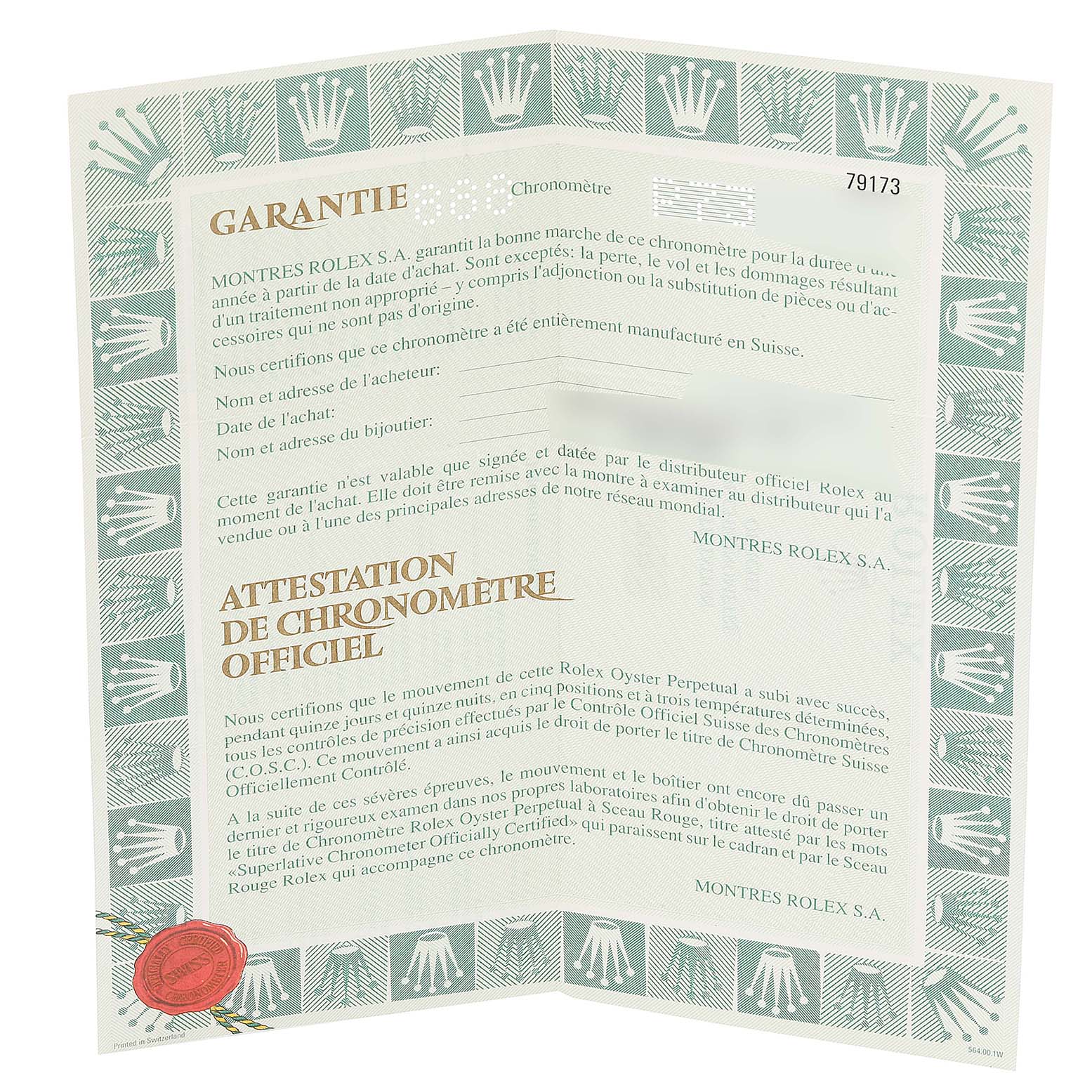 The image shows the warranty and official chronometer certification of a Rolex Datejust 79173 Women's Steel and Gold (two tone) White Dial 79173 Women's Steel and Gold (two tone) White Dial watch.