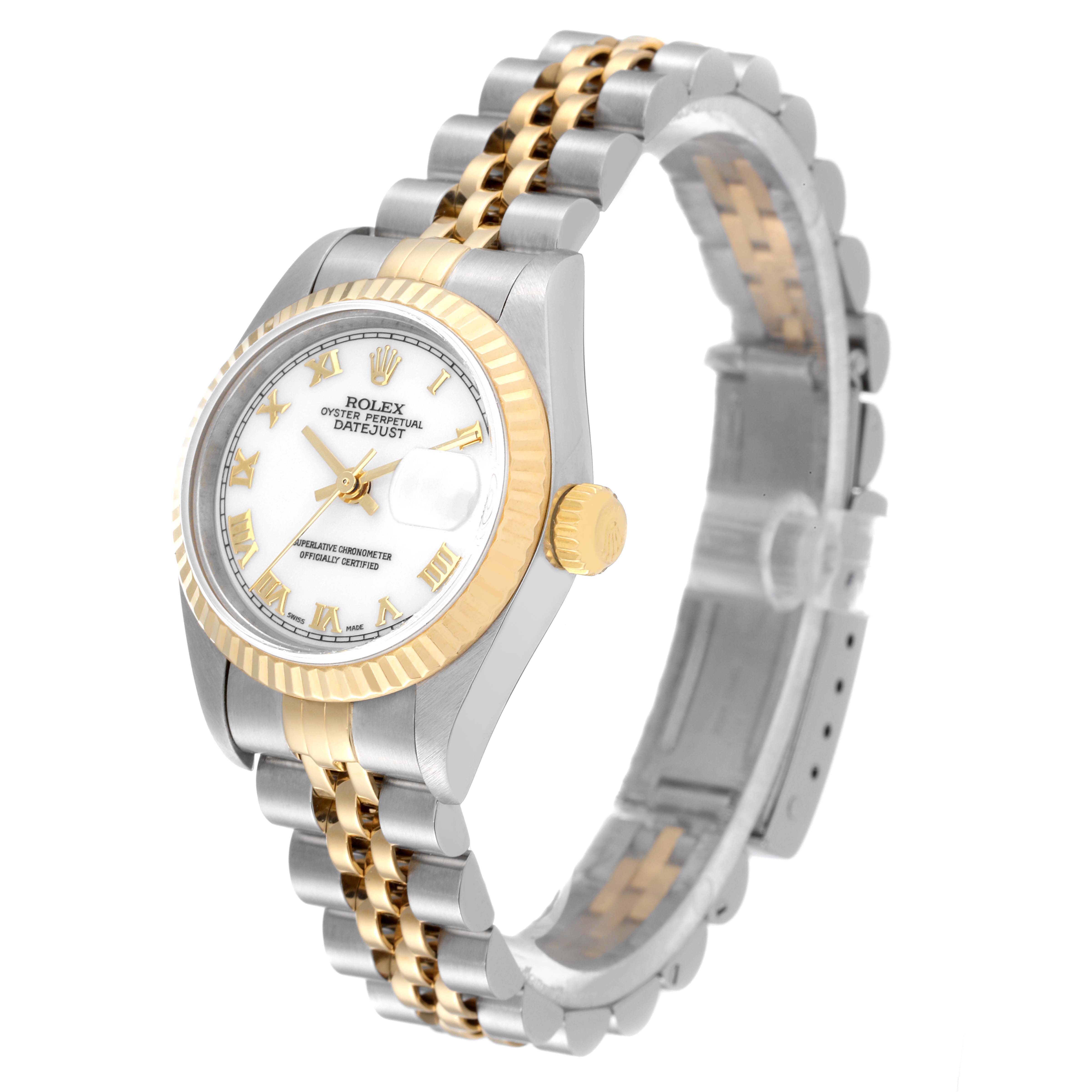 This image shows a Rolex Datejust 79173 Women's Steel and Gold (two tone) White Dial 79173 Women's Steel and Gold (two tone) White Dial watch at an angle displaying its face, crown, and two-tone bracelet.