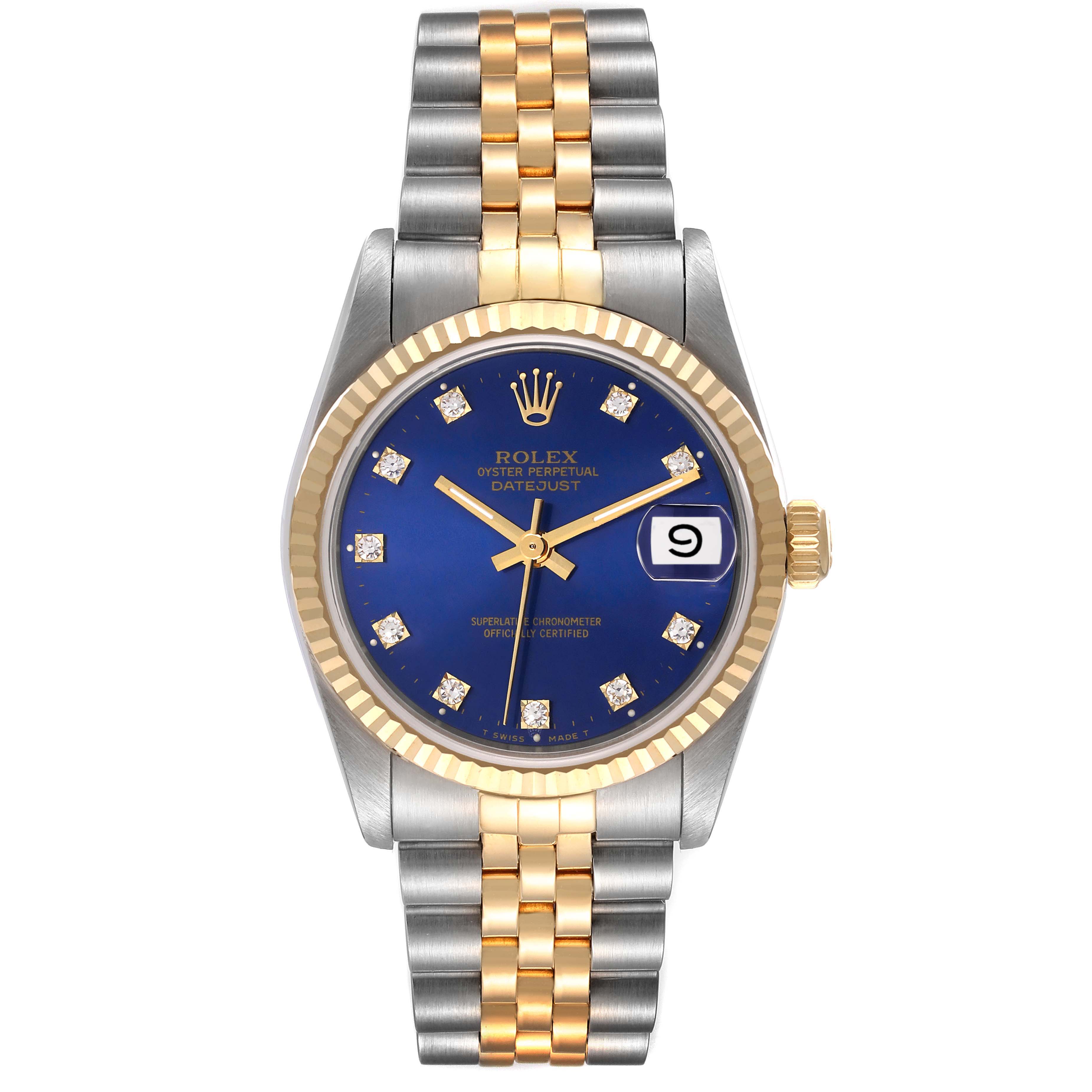 The Rolex Mid-Size 68273 Women's Steel and Gold (two tone) Blue Dial 68273 Women's Steel and Gold (two tone) Blue Dial Datejust watch is displayed from a front angle, showcasing its blue dial, two-tone bracelet, and date window.