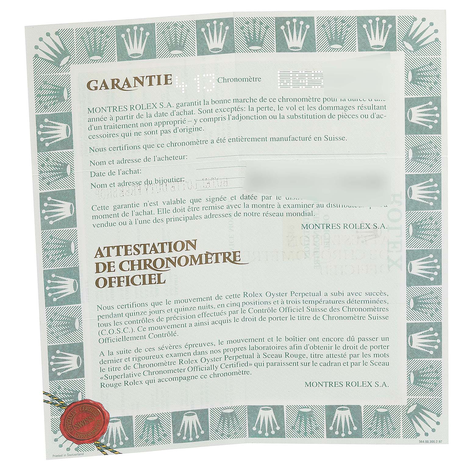 The image shows a warranty and certification document for a Rolex Mid-Size 68273 Women's Steel and Gold (two tone) Blue Dial 68273 Women's Steel and Gold (two tone) Blue Dial model watch.