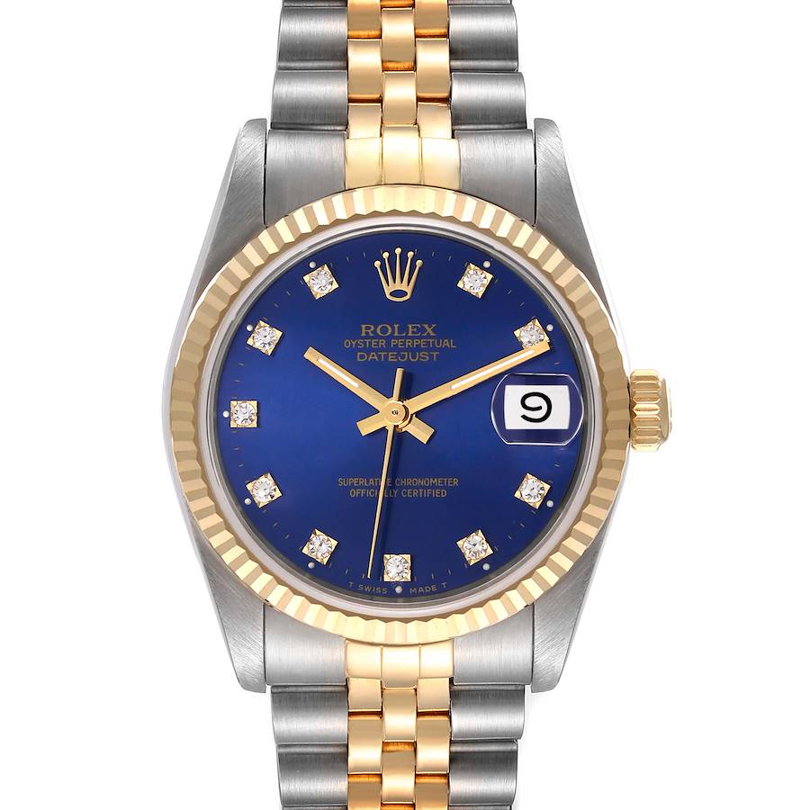 This image shows the front view of a Rolex Mid-Size 68273 Women's Steel and Gold (two tone) Blue Dial 68273 Women's Steel and Gold (two tone) Blue Dial Oyster Perpetual Datejust watch with a blue dial and a two-tone bracelet.