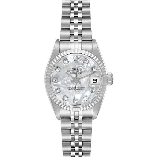 The Rolex Datejust 71614 Women's Stainless Steel Mother of Pearl Dial 71614 Women's Stainless Steel Mother of Pearl Dial watch is shown from the front, highlighting the dial, bezel, bracelet, and date window.