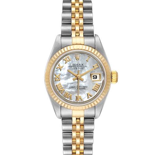The Rolex Datejust 79173 Women's Steel and Gold (two tone) Mother of Pearl Dial 79173 Women's Steel and Gold (two tone) Mother of Pearl Dial watch is shown from a front angle, displaying the dial, hands, fluted bezel, and two-tone bracelet.