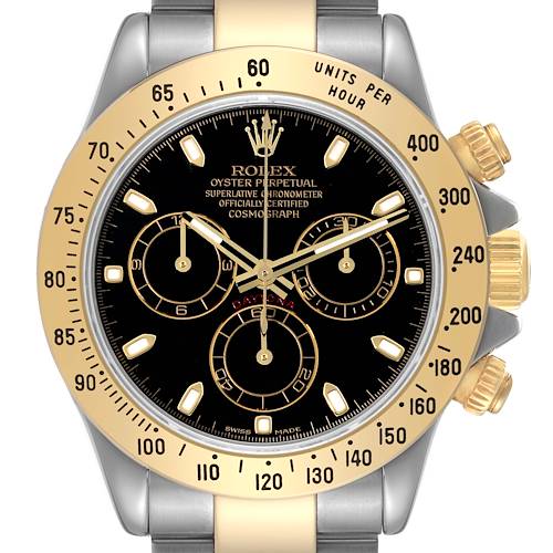 The image shows a close-up, front-facing view of a Rolex Daytona 116523 Men's Steel and Gold (two tone) Black Dial 116523 Men's Steel and Gold (two tone) Black Dial watch, highlighting its dial, bezel, and chronograph sub-dials.