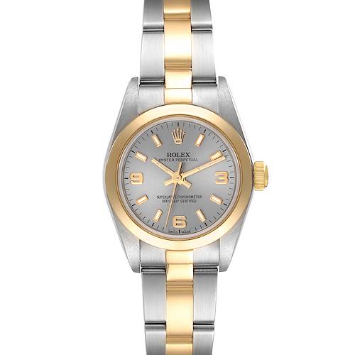The image shows a front view of a Rolex Oyster Perpetual 76183 Women's Steel and Gold (two tone) Grey Dial 76183 Women's Steel and Gold (two tone) Grey Dial watch, highlighting the dial, bezel, and two-tone bracelet.