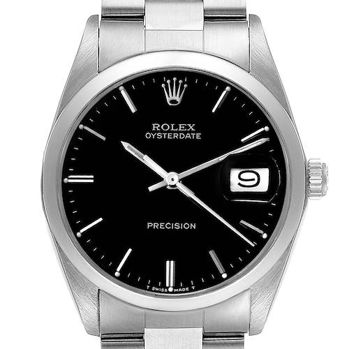 The image shows a front view of the Rolex Oysterdate Precision watch, featuring its black dial, date window, and stainless steel bracelet.
