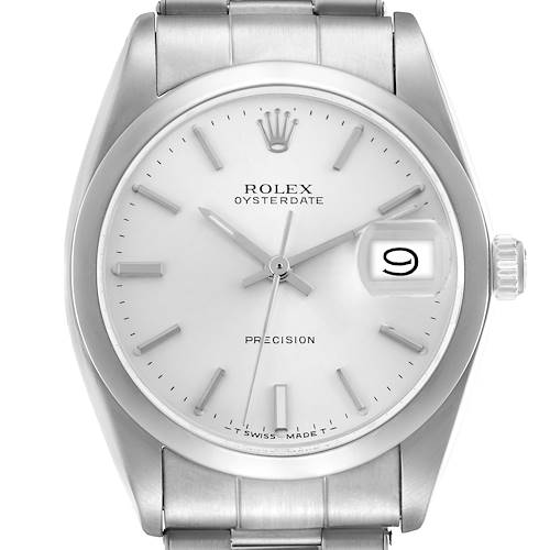 The image shows a front view of a Rolex Vintage Collection 6694 Men's Stainless Steel Silver Dial 6694 Men's Stainless Steel Silver Dial watch, highlighting its dial, bezel, hands, date feature, and bracelet.