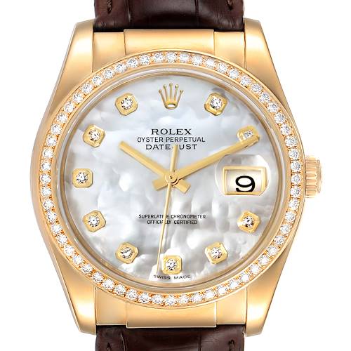 The image shows a frontal view of a Rolex President 116188 Men's Yellow Gold Mother of Pearl Dial 116188 Men's Yellow Gold Mother of Pearl Dial model watch, highlighting its dial, bezel, and part of the strap.