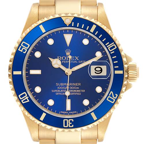 The image shows a front view of a Rolex Submariner 16618 Men's Yellow Gold Blue Dial 16618 Men's Yellow Gold Blue Dial, highlighting its blue dial, date window, and gold bezel.