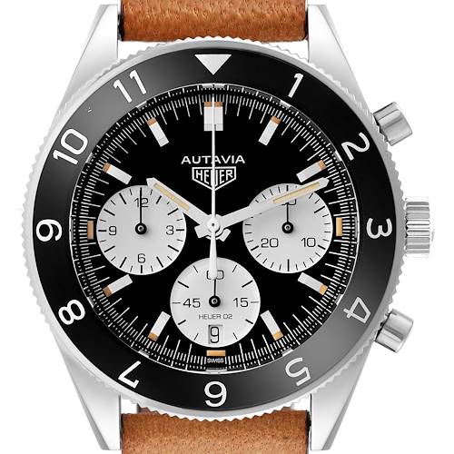The image shows a front view of a Tag Heuer Autavia CBE2110 Men's Stainless Steel Black Dial CBE2110 Men's Stainless Steel Black Dial watch with a black dial, chronograph subdials, and a brown leather strap.