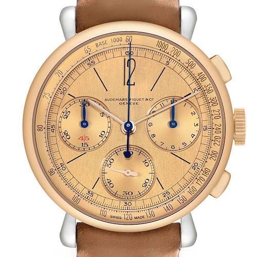 The image shows a frontal view of the Audemars Piguet Remaster  26595SR.OO.A032VE.01 Men's Steel and Gold (two tone) Champagne Dial 26595SR.OO.A032VE.01 Men's Steel and Gold (two tone) Champagne Dialmodel, highlighting its dial details and leather strap.