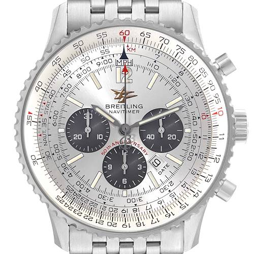 The image shows a front view of the Breitling Navitimer A41322 Men's Stainless Steel Silver Dial A41322 Men's Stainless Steel Silver Dial watch, highlighting its dial, bezel, and chronograph subdials.