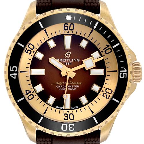 A frontal view of the Breitling Superocean N17376201Q1S1 Men's Bronze Brown Dial N17376201Q1S1 Men's Bronze Brown Dial watch, showcasing its dial, bezel, and part of the strap.