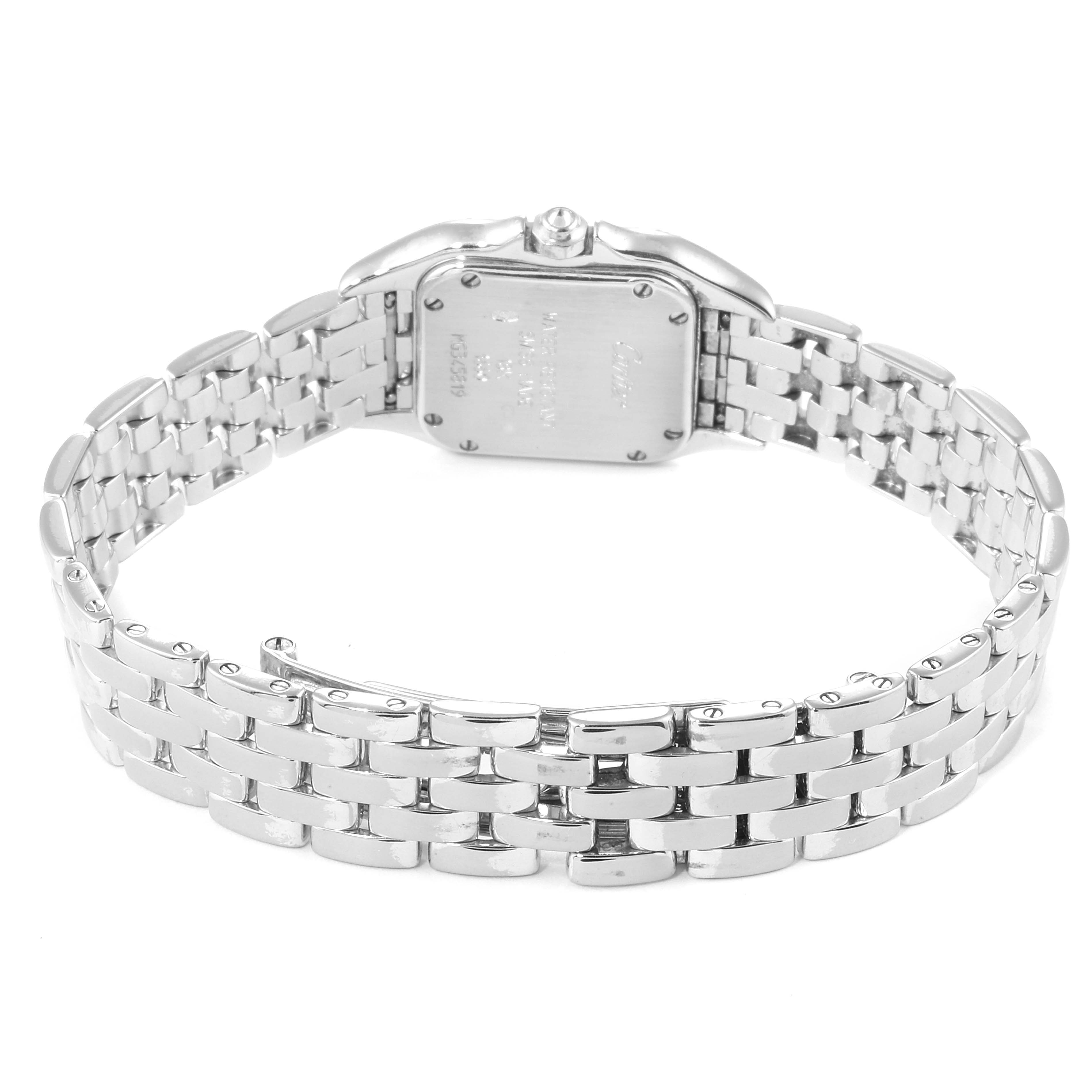 The image shows the back view of the Cartier Panthere 1660 Women's White Gold Silver Dial 1660 Women's White Gold Silver Dial watch, focusing on the case back and stainless steel bracelet.