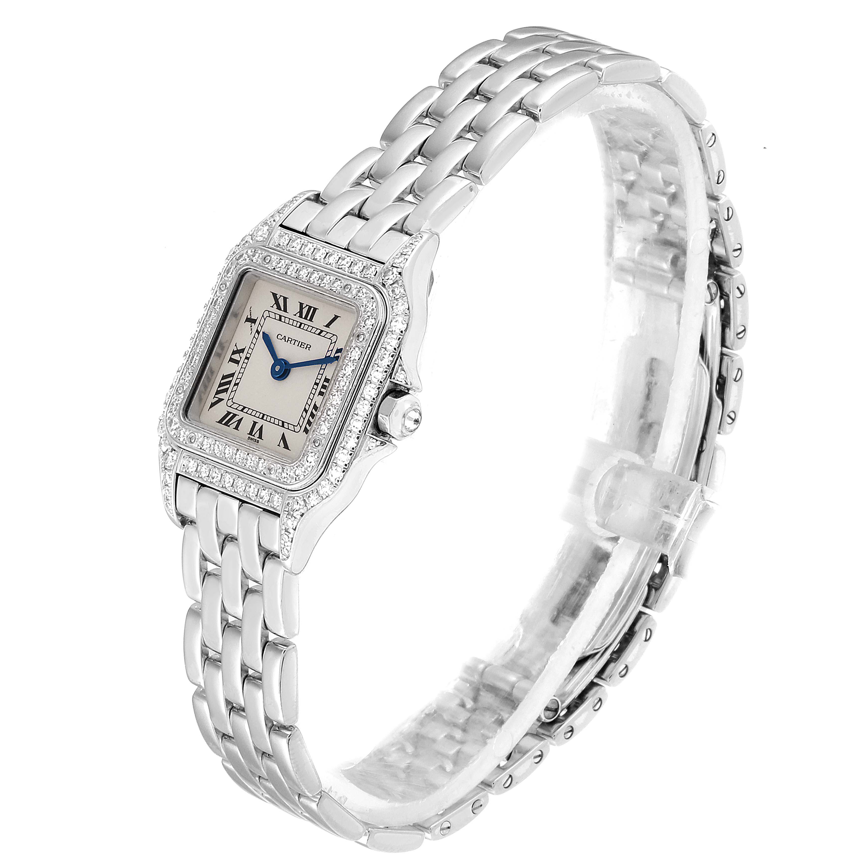 The Cartier Panthere 1660 Women's White Gold Silver Dial 1660 Women's White Gold Silver Dial watch is shown at an angle displaying the watch face, bezel, and stainless steel bracelet.